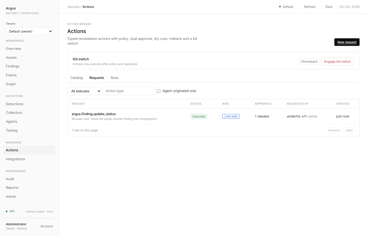 The Argus action requests page with pending approvals, risk levels and the kill switch