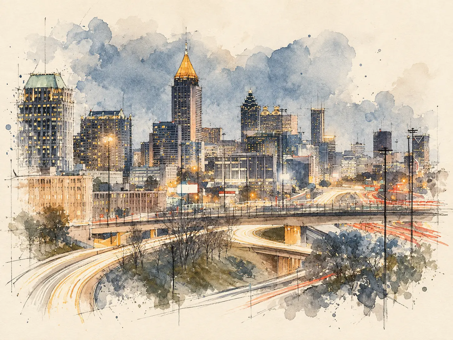 Watercolor and ink sketch of the downtown Atlanta skyline at dusk, with lit towers and traffic light trails curving along the freeways below