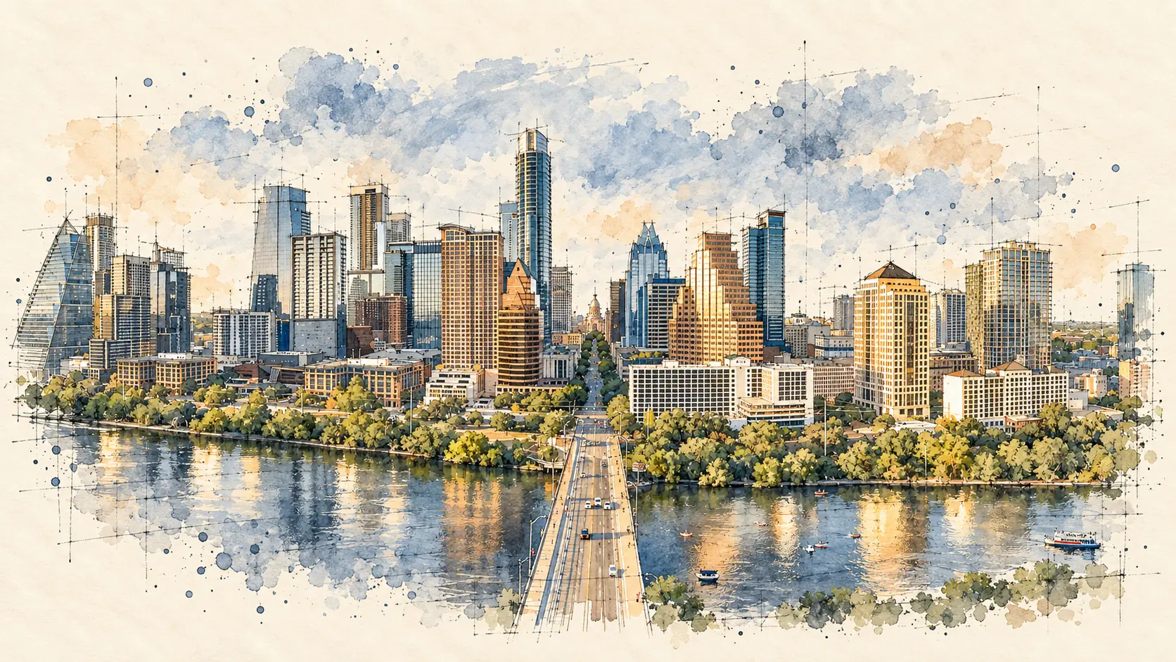 Watercolor and ink sketch of the downtown Austin skyline, with the Congress Avenue Bridge crossing Lady Bird Lake toward the Texas Capitol dome