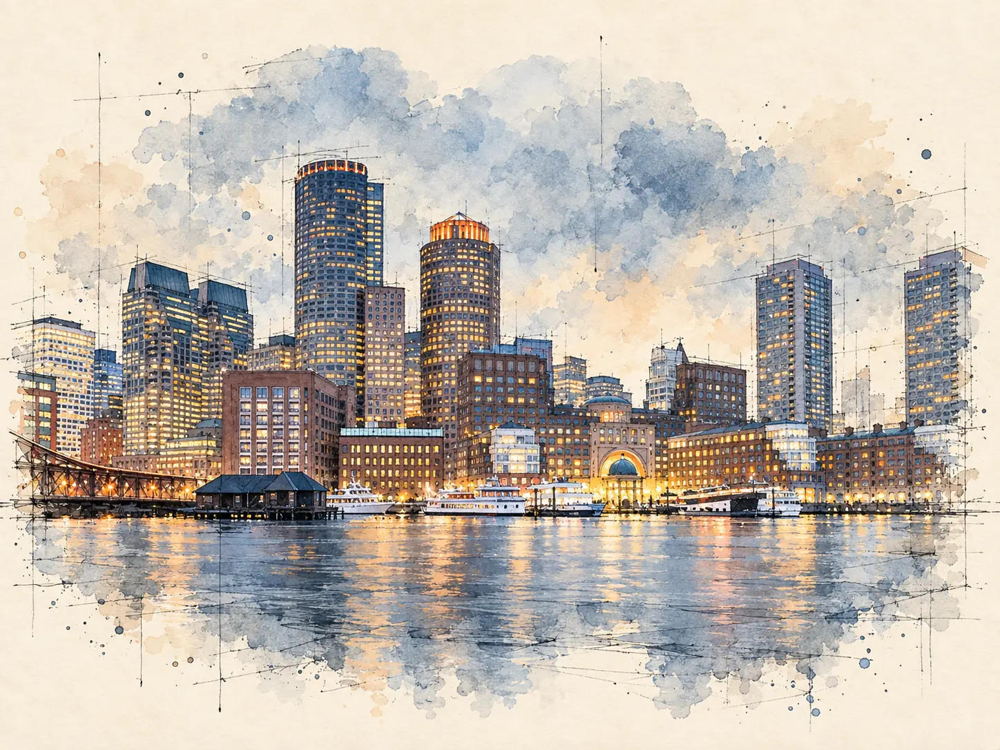Watercolor and ink sketch of the Boston waterfront at dusk, with lit towers, harbor boats and the Rowes Wharf archway reflected in the harbor