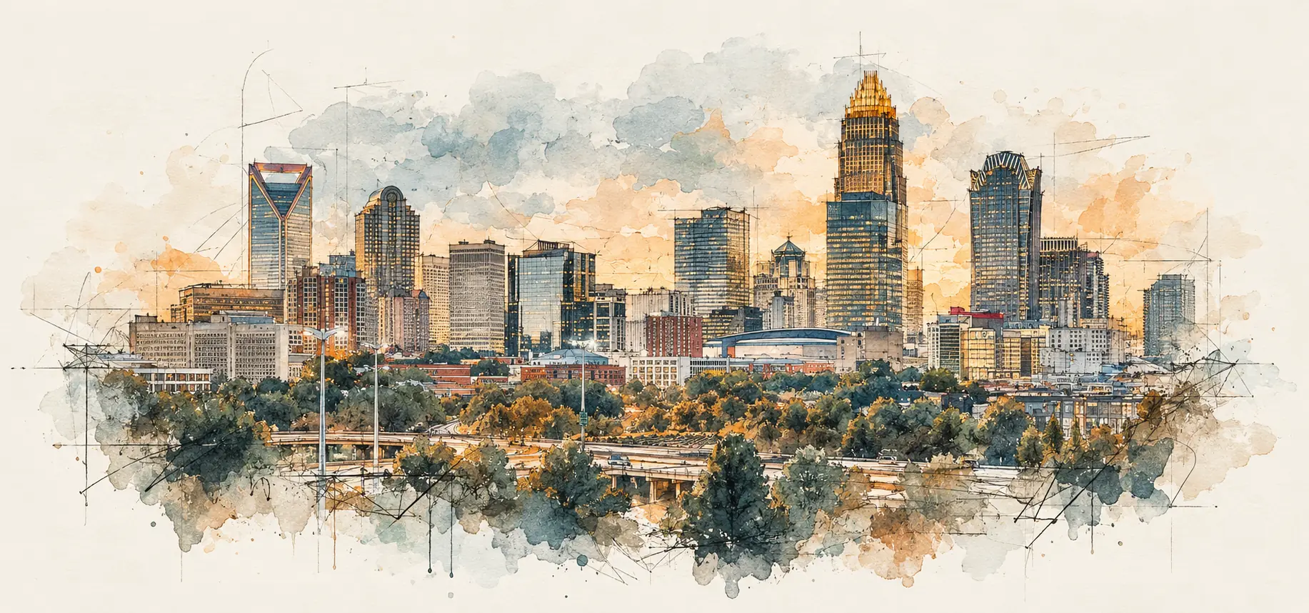 Watercolor and ink sketch of the Charlotte skyline at golden hour, with the crowned Bank of America Corporate Center rising above tree-lined highways