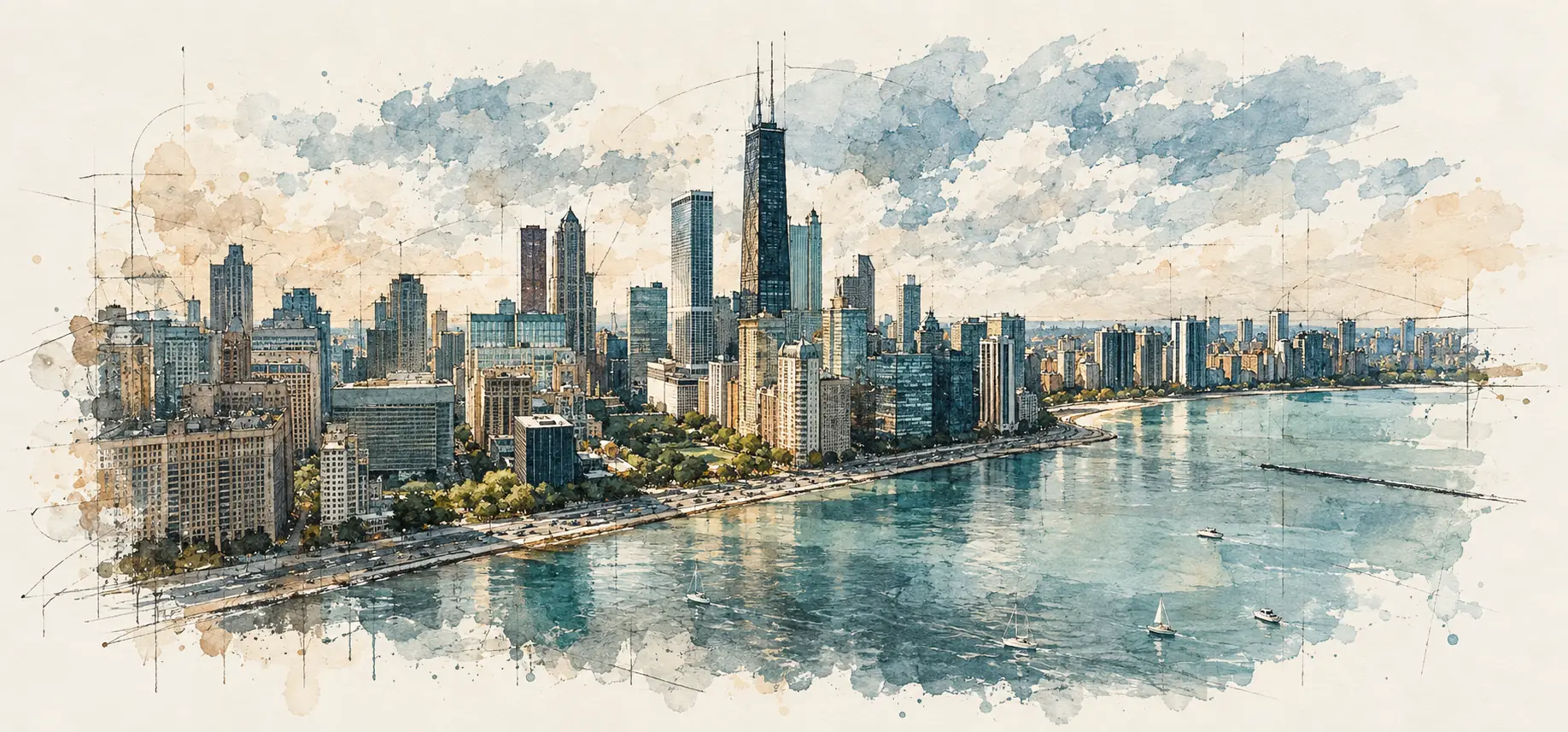 Watercolor and ink sketch of the Chicago skyline along the Lake Michigan shoreline, with sailboats on the lake and the tall black tower with twin antennas at the center
