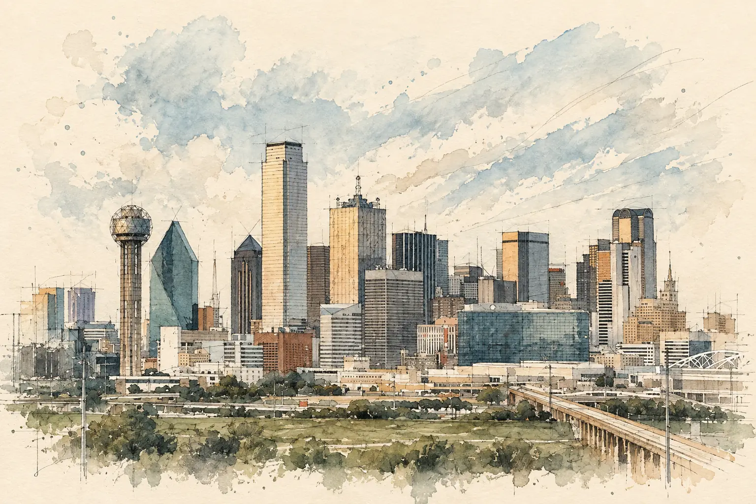 Watercolor and ink sketch of the downtown Dallas skyline, with the Reunion Tower ball, glass towers and a bridge over the green Trinity River floodplain