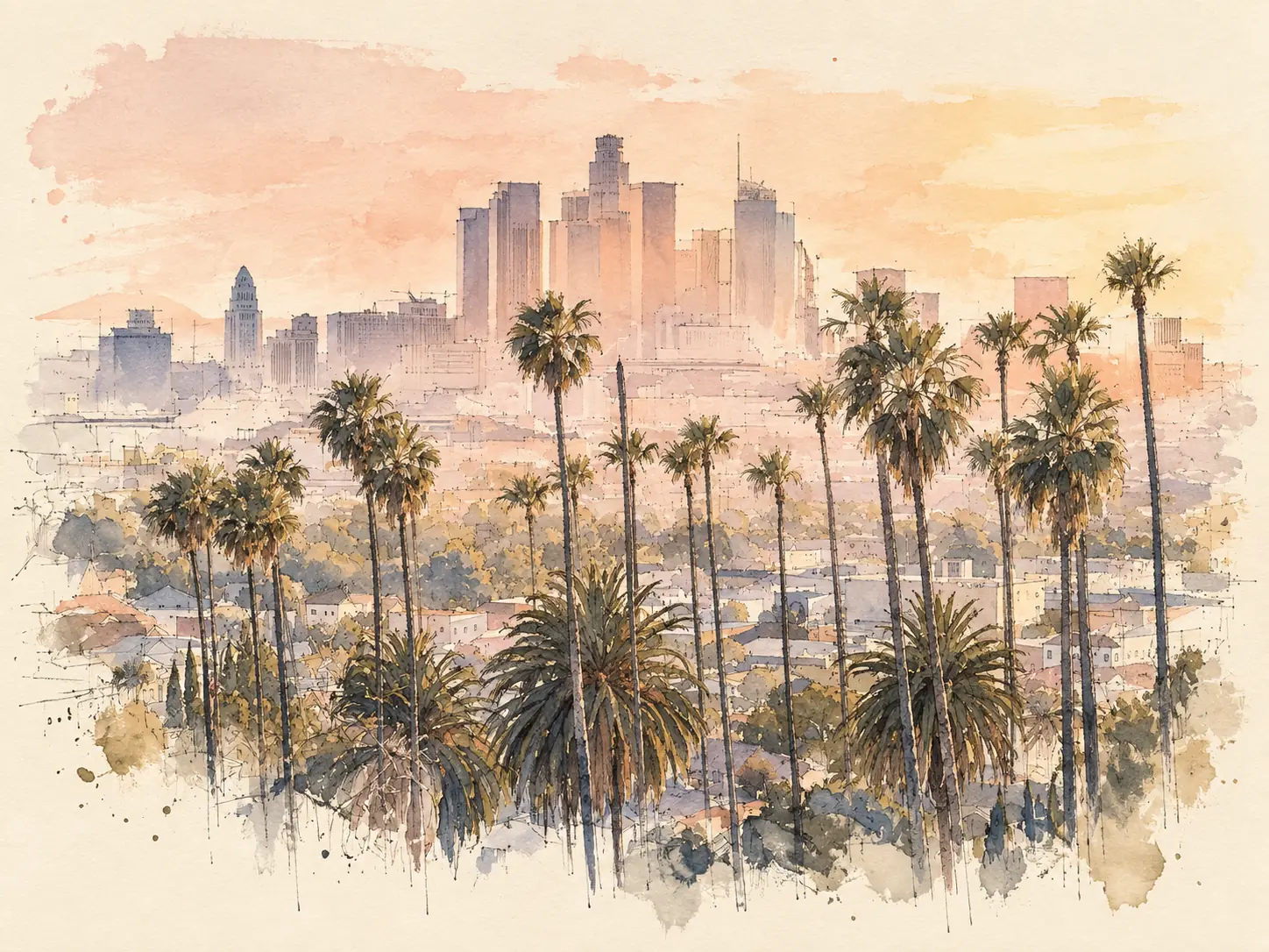 Watercolor and ink sketch of downtown Los Angeles at sunset, the skyline and City Hall tower rising behind rows of tall palm trees