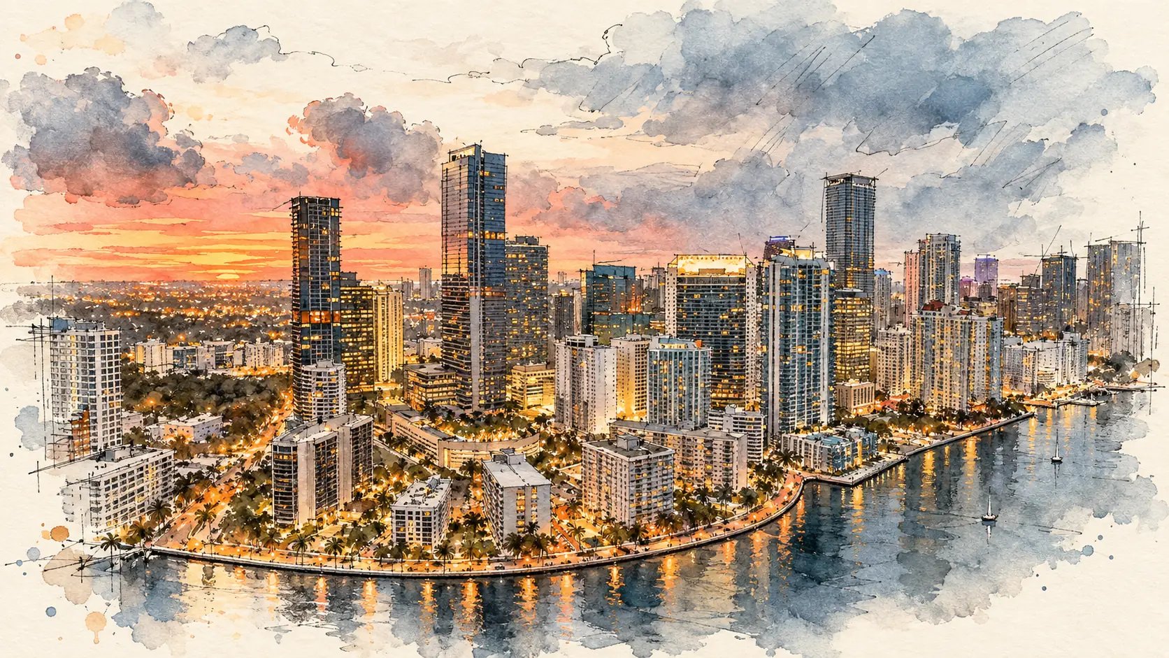 Watercolor and ink sketch of the Brickell and downtown Miami skyline at sunset, lit towers and palm-lined streets curving along Biscayne Bay