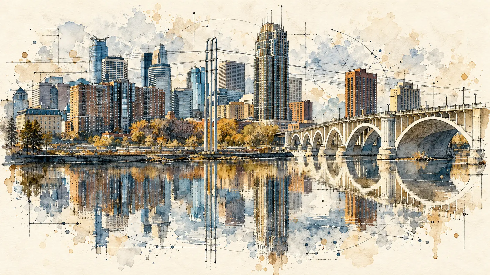 Watercolor and ink sketch of the downtown Minneapolis skyline and an arched bridge over the Mississippi River, reflected in the water