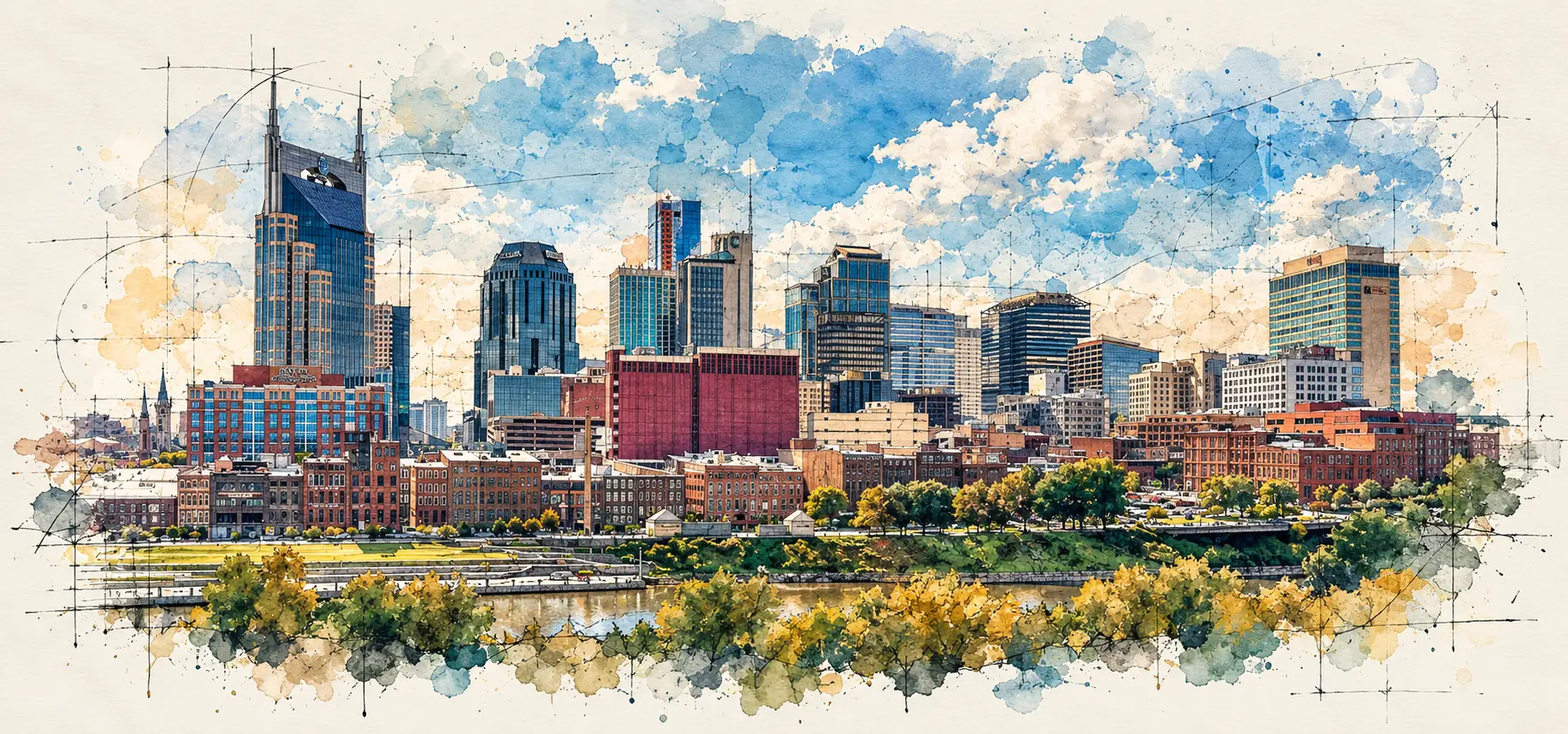 Watercolor and ink sketch of the Nashville skyline across the Cumberland River, with the twin-spired tower above the brick buildings of the riverfront