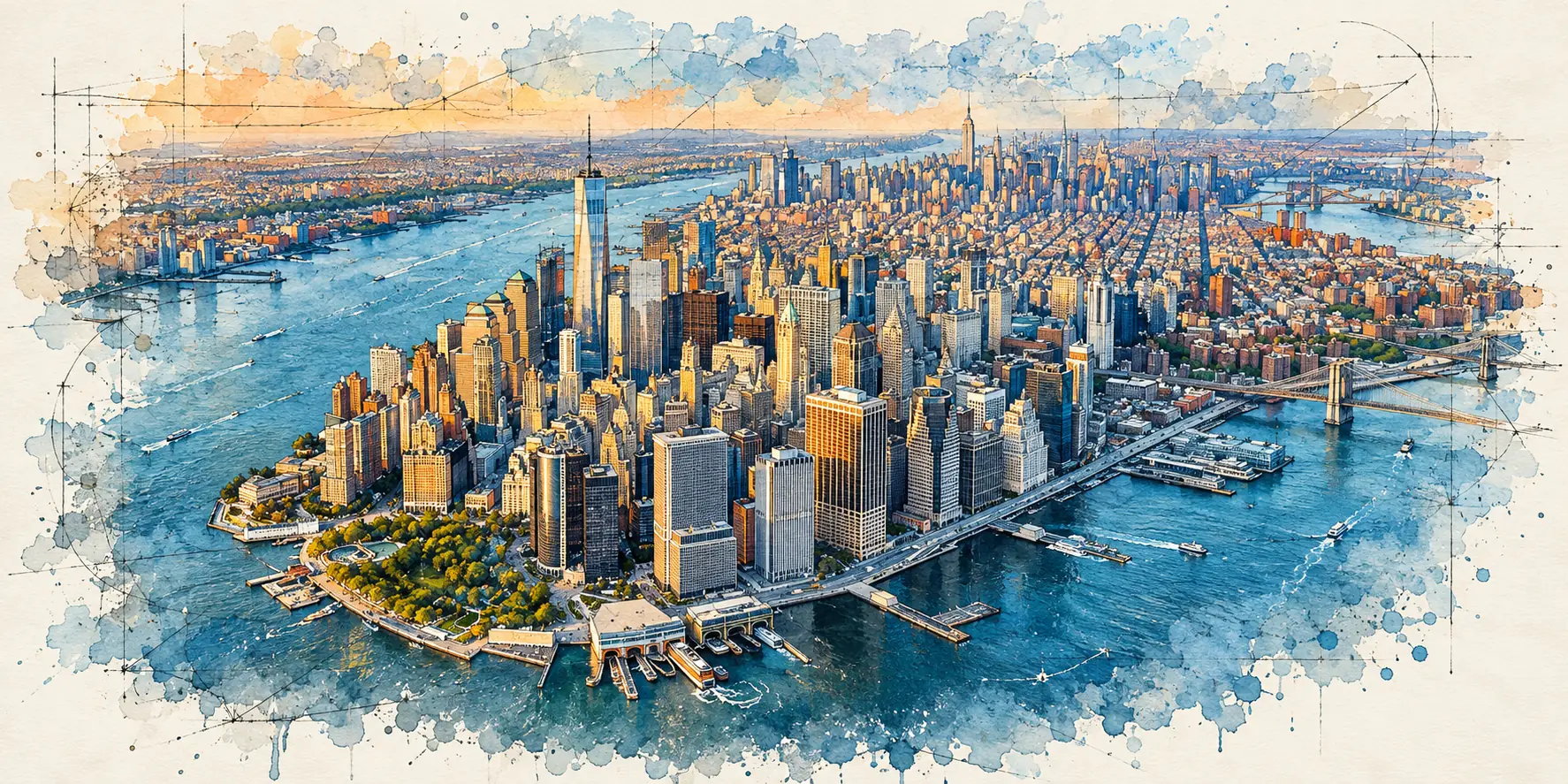 Watercolor and ink aerial sketch of Lower Manhattan, with One World Trade Center, the Brooklyn Bridge over the East River and Midtown in the distance