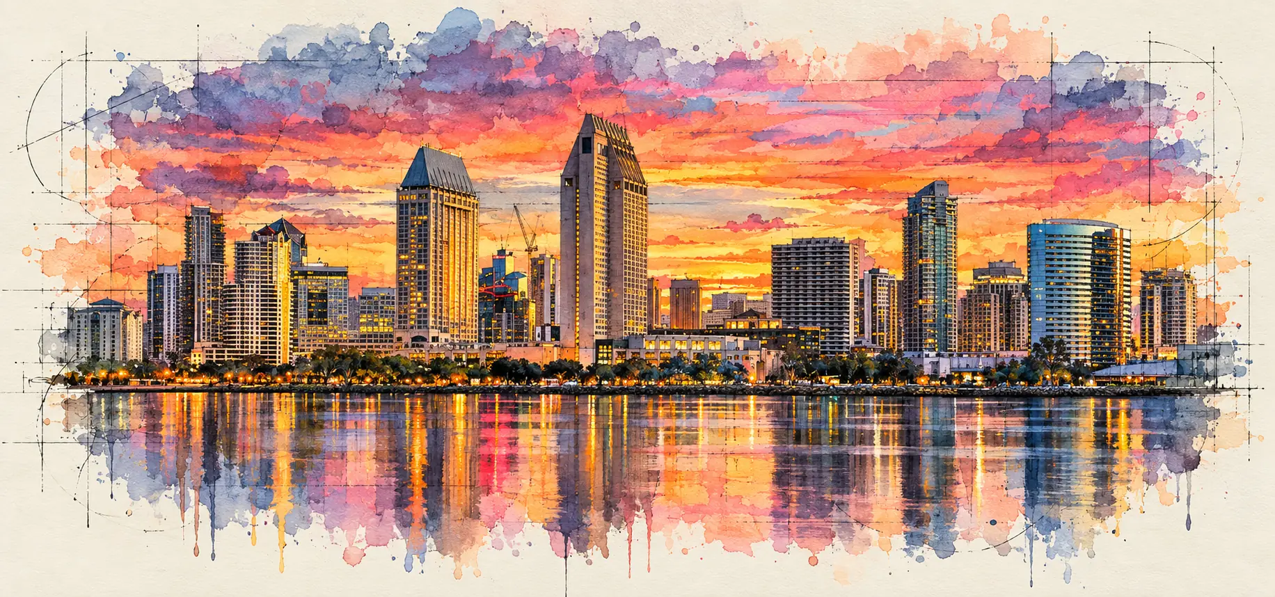 Watercolor and ink sketch of the downtown San Diego skyline at sunset, glowing towers reflected in San Diego Bay under a pink and orange sky