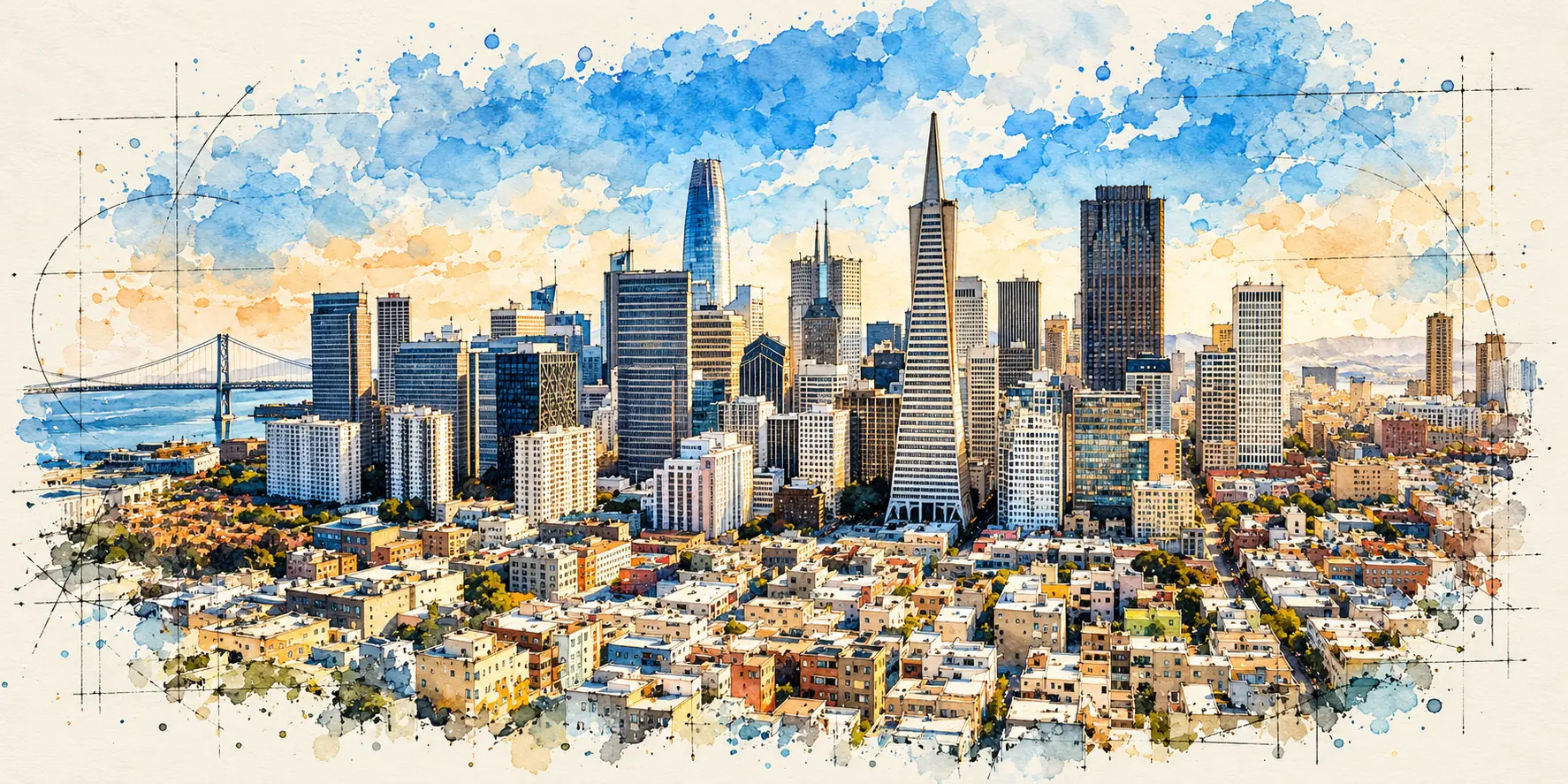 Watercolor and ink sketch of the San Francisco skyline, with the Transamerica Pyramid, Salesforce Tower and the Bay Bridge beyond the rooftops of North Beach