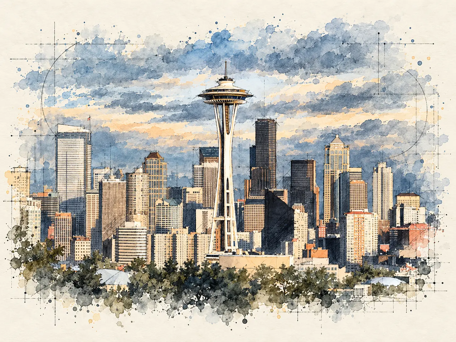 Watercolor and ink sketch of the Seattle skyline, with the Space Needle rising in front of the downtown towers under a cloudy sky