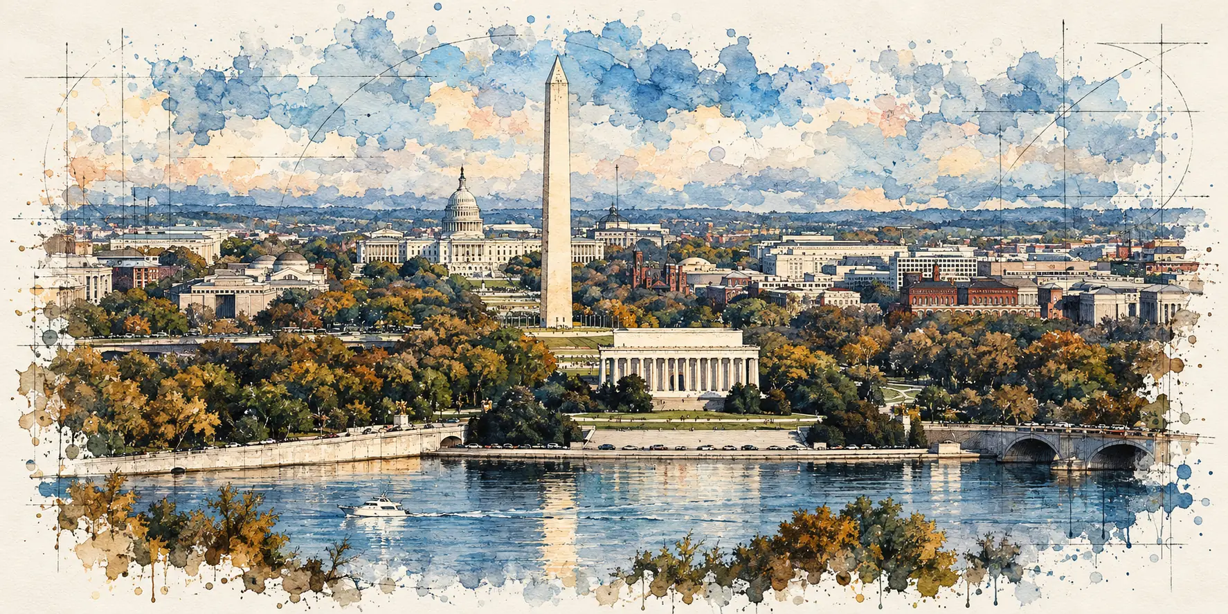 Watercolor and ink sketch of Washington, DC across the Potomac River, with the Lincoln Memorial, the Washington Monument and the Capitol dome among autumn trees